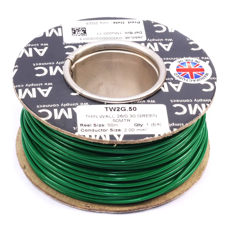 Wire Reel 14 Gauge (28/0.30mm) Single Core 17 AMP 50m(164ft) Green, RC0117G | TW2G.50 AMC Wire Reel 14 Gauge (28/0.30mm) Single Core 17 AMP 50m(164ft) Green, RC0117G | TW2G.50 AMC