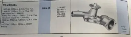 Water Pump Vauxhall Viva H.A. Eng AE