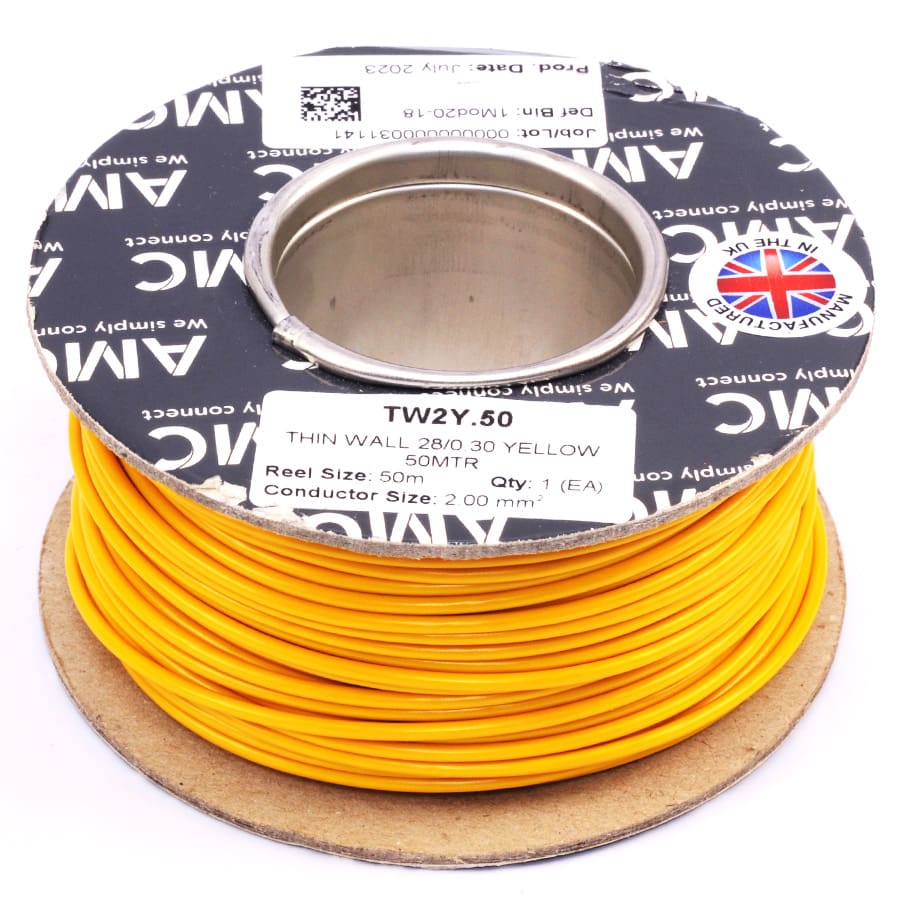 Wire Reel 14 Gauge (28/0.30mm) Single Core 17 AMP 50m(164ft) Yellow, RC0117Y | TW2Y.50 AMC Wire Reel 14 Gauge (28/0.30mm) Single Core 17 AMP 50m(164ft) Yellow, RC0117Y | TW2Y.50 AMC