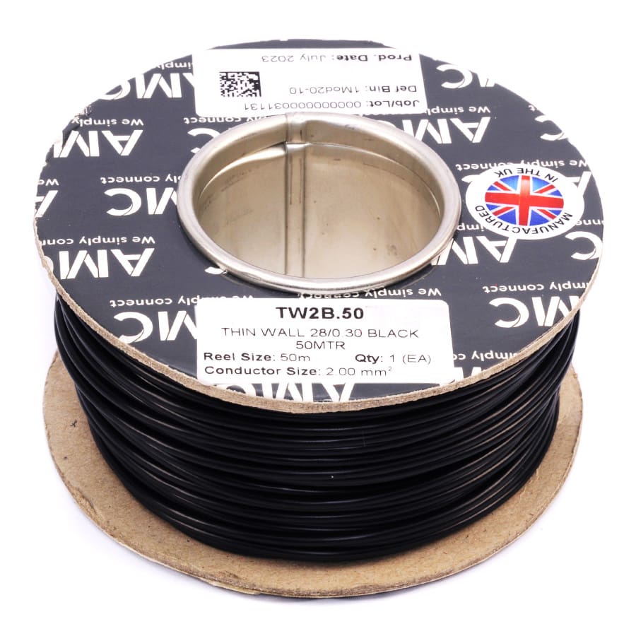 Wire Reel 14 Gauge (28/0.30mm) Single Core 17 AMP 50m(164ft) Black, RC0117B | TW2B.50 AMC Wire Reel 14 Gauge (28/0.30mm) Single Core 17 AMP 50m(164ft) Black, RC0117B | TW2B.50 AMC