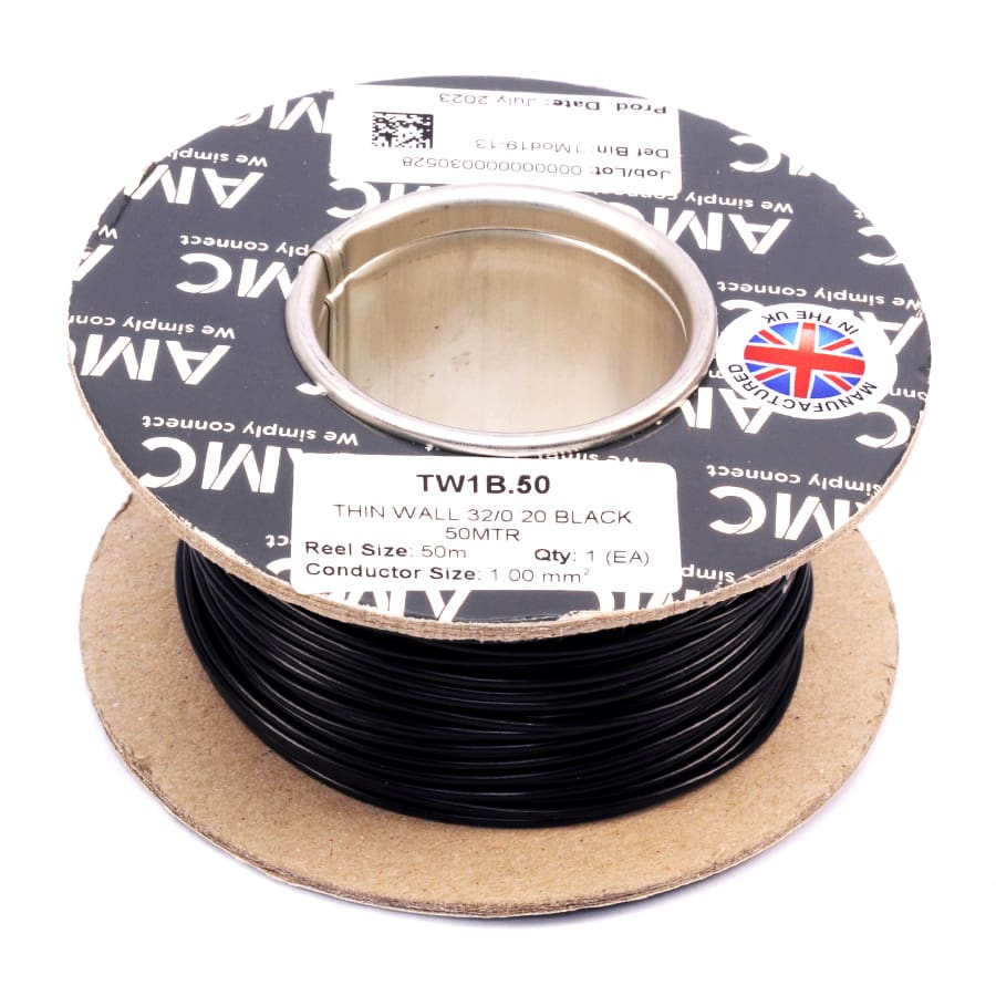 Wire Reel 18 Gauge (32/0.20mm) Single Core 8 AMP 50m(164ft) Black, RC0108B | TW1B.50 AMC Wire Reel 18 Gauge (32/0.20mm) Single Core 8 AMP 50m(164ft) Black, RC0108B | TW1B.50 AMC
