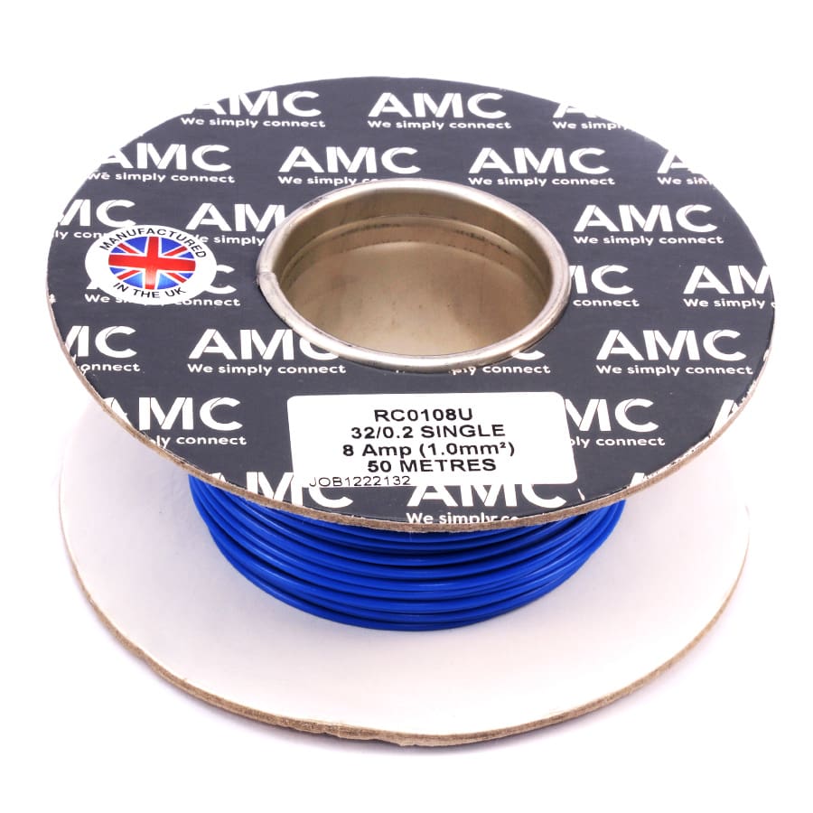Wire Reel 18 Gauge (32/0.20mm) Single Core 8 AMP 50m(164ft) Blue, RC0108U | TW1U.50 AMC Wire Reel 18 Gauge (32/0.20mm) Single Core 8 AMP 50m(164ft) Blue, RC0108U | TW1U.50 AMC