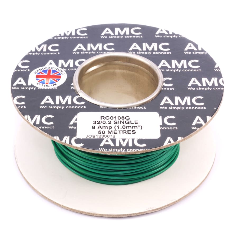 Wire Reel 18 Gauge (32/0.20mm) Single Core 8 AMP 50m(164ft) Green, RC0108G |TW1G.50 AMC Wire Reel 18 Gauge (32/0.20mm) Single Core 8 AMP 50m(164ft) Green, RC0108G |TW1G.50 AMC