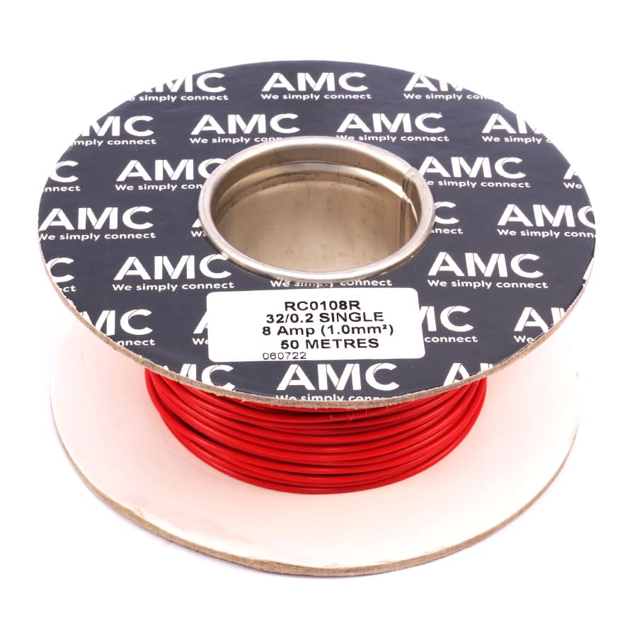 Wire Reel 18 Gauge (32/0.20mm) Single Core 8 AMP 50m(164ft) Red, RC0108R | TW1R.50 AMC Wire Reel 18 Gauge (32/0.20mm) Single Core 8 AMP 50m(164ft) Red, RC0108R | TW1R.50 AMC