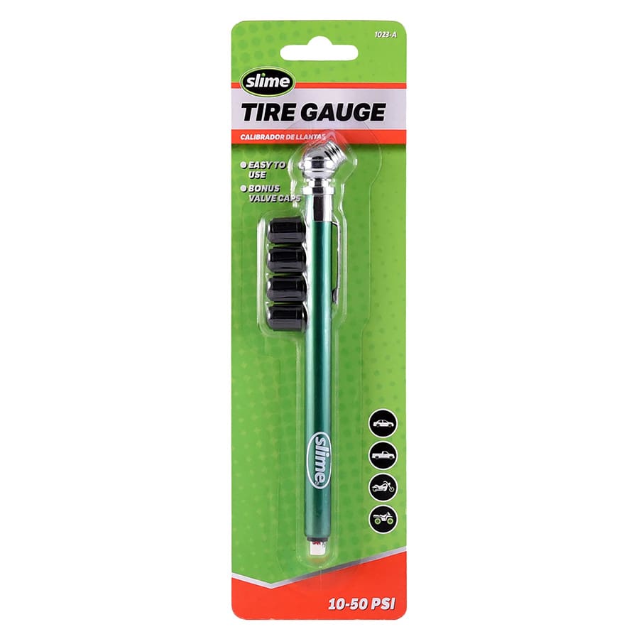 Tire Pressure Gauge Slime Pencil Gauge w/ Valve Caps 10-50 PSI 1023-AT Tire Pressure Gauge Slime Pencil Gauge w/ Valve Caps 10-50 PSI 1023-AT