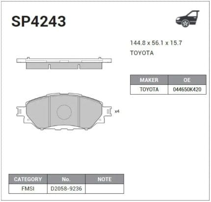 Disc Pads Toyota Hilux '15-ON, GUN/TGN/KUN12#/11#, Innova '15-ON TGN14# (FRONT) HI-Q SP4243