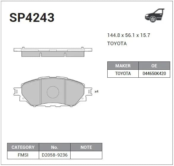 Disc Pads Toyota Hilux '15-ON, GUN/TGN/KUN12#/11#, Innova '15-ON TGN14# (FRONT) HI-Q SP4243 Disc Pads Toyota Hilux '15-ON, GUN/TGN/KUN12#/11#, Innova '15-ON TGN14# (FRONT) HI-Q SP4243